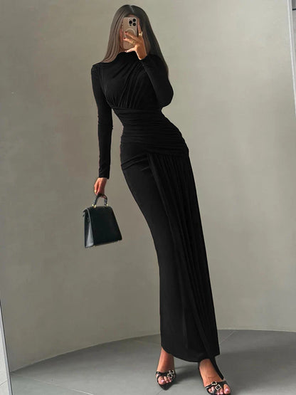 Maxi Dress Women o-Neck Full Sleeve Solid Banquet Elegant Vacation Fashion Autumn Skinny Casual Simple Vestido