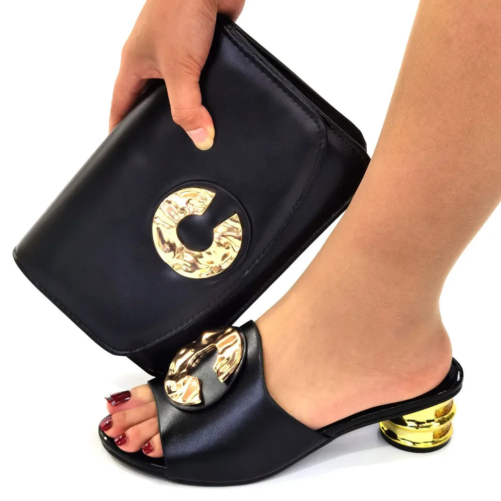 2024 Latest Italian Design Fashion African Women's Low Heel Comfortable Shoes and Bags Set Leather Casual Ladies Slippers