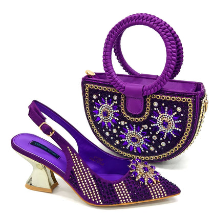 Specials Italian Women Heels Shoes and Bag Set Royal Purple Color Comfortable With Rhinestone for Party