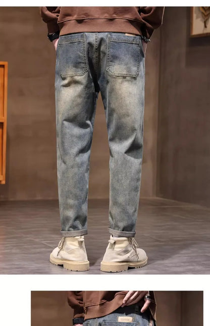 Calça Jeans Masculina Primavera Vintage Elástica Casual Longa Calça Reta Slim Algodão Poliéster Lavada para Adolescentes