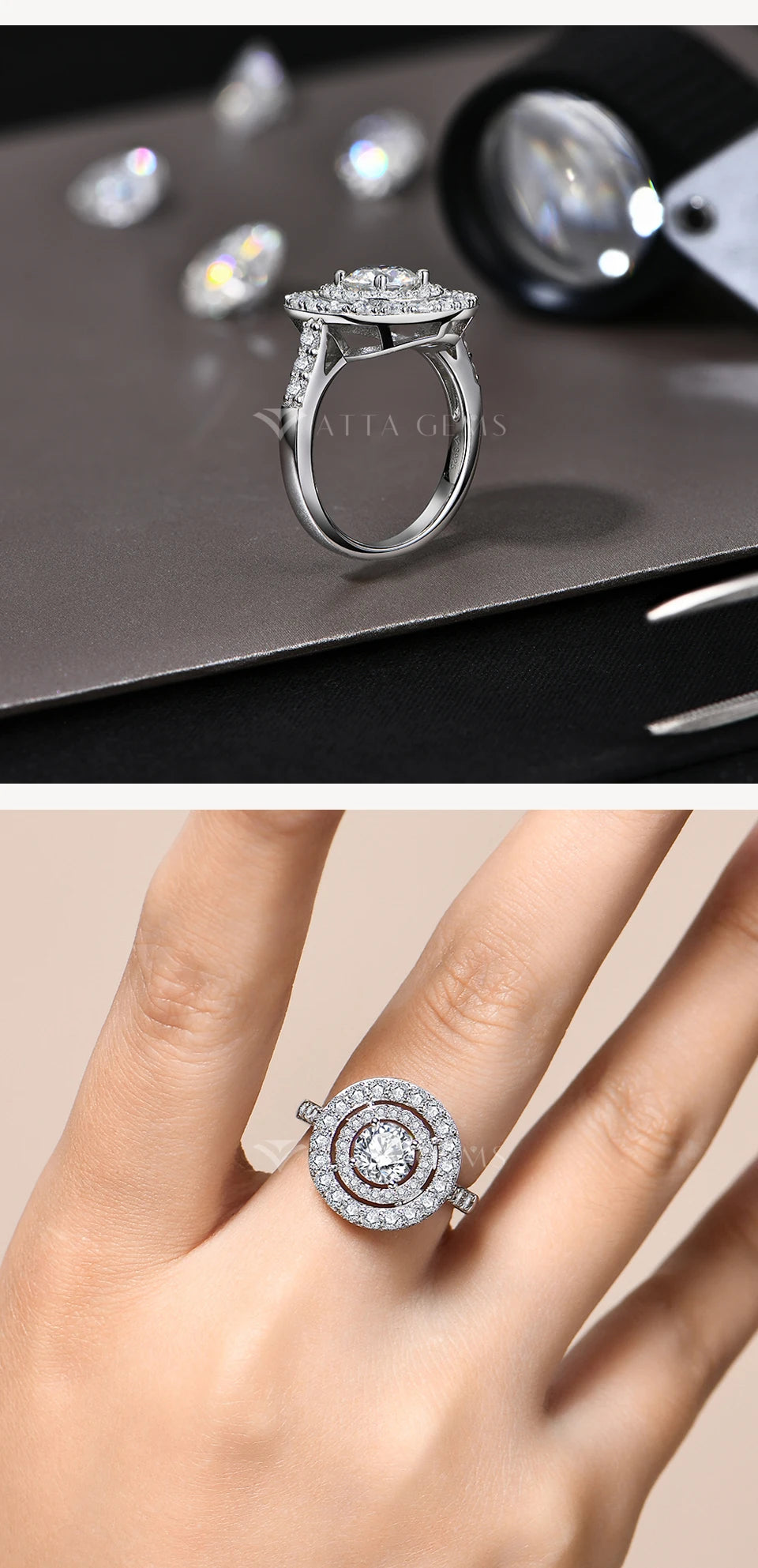 Full D Color VVS1 Luxury Moissanite Ring Round Cut 1.0CT S925 Sterling Silver Engagement Wedding Jewelry Gift for Women