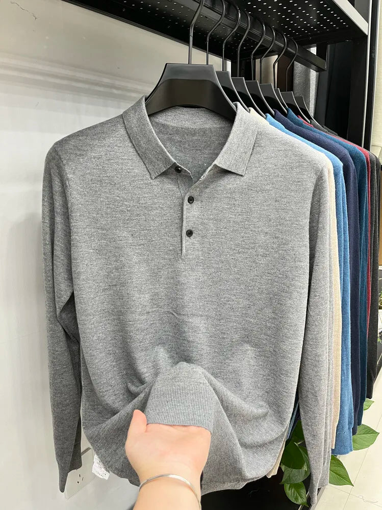 Men's Long Sleeve Fashion Casual Polo, Shirt Collar Pullover Sweater. Business Sweater T-shirt Golf Spring & Autumn Wool
