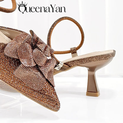 Large Flower Design Shoes & Bag Nigerian Coffee Color Women's Stiletto Shoes For Special Good Time INS Style