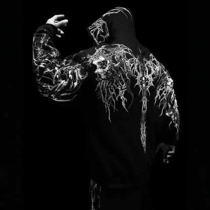 2025New American Style Men's Hooded Sweatshirt Trendy Brand Dark Style Sports Fitness High Street Autumn Winter Men's Sweatshirt