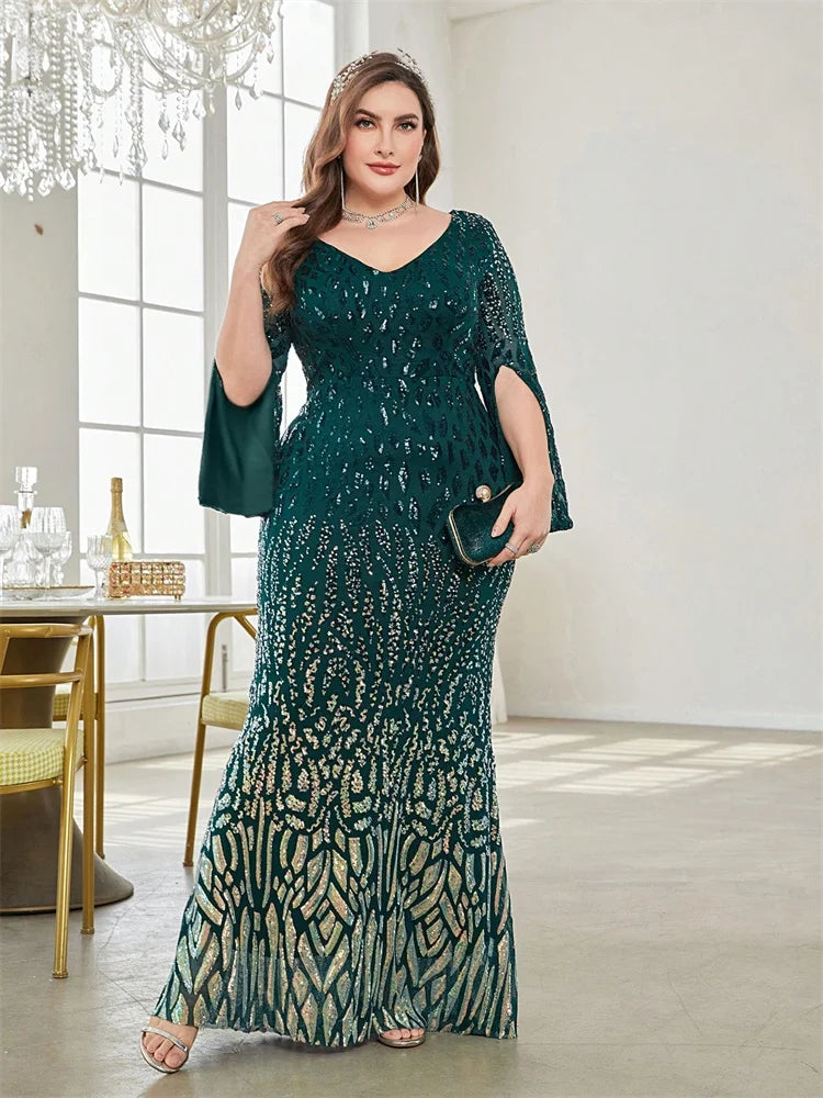 Vestido de Festa Elegante Plus Size com Lantejoulas Preto 2025 Feminino Formal Maxi Baile Mangas Compridas Festa Luxuoso Coquetel