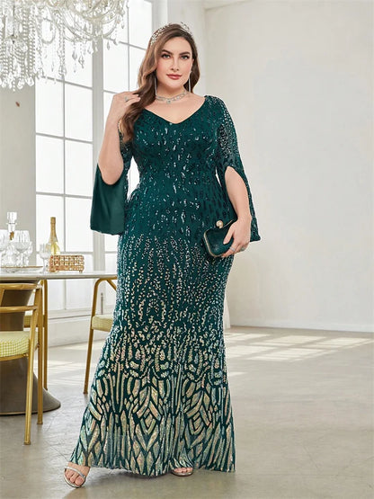 Vestido de Festa Elegante Plus Size com Lantejoulas Preto 2025 Feminino Formal Maxi Baile Mangas Compridas Festa Luxuoso Coquetel