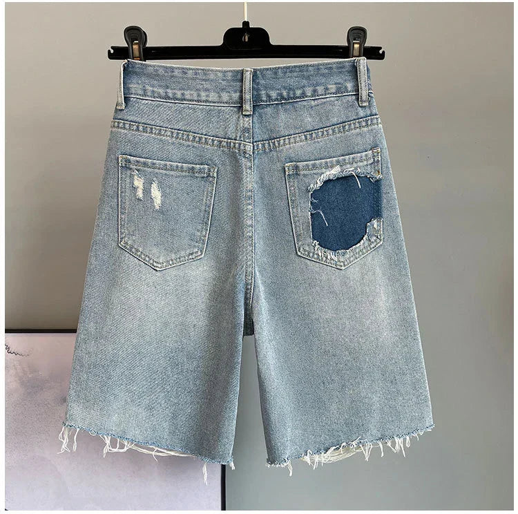 Colorful Diamond Studded Nail Bead Ripped Jeans Blue High Waisted Loose Shorts Shiny Fashionable Versatile Casual Trousers