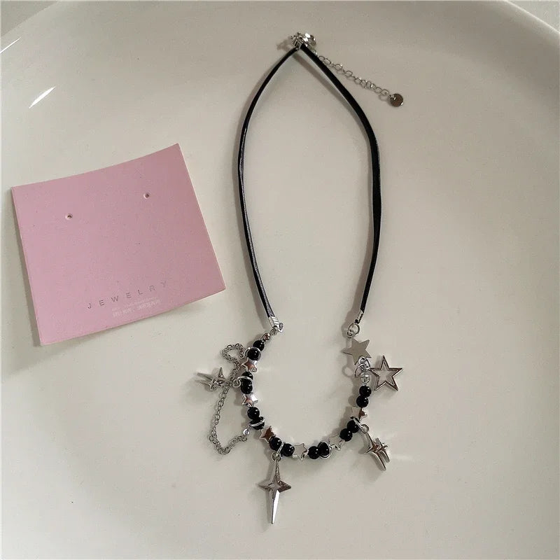 Gothic Black Peach Heart Star Pendant Necklace For Women Men Sliver Color Love Short Choker Punk Y2K Charms Jewelry Accessories