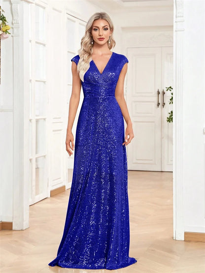 Vestido de Noite Sereia Feminino Elegante Decote V Longo Formal Azul para Formatura Festa com Lantejoulas Sem Mangas Vestidos