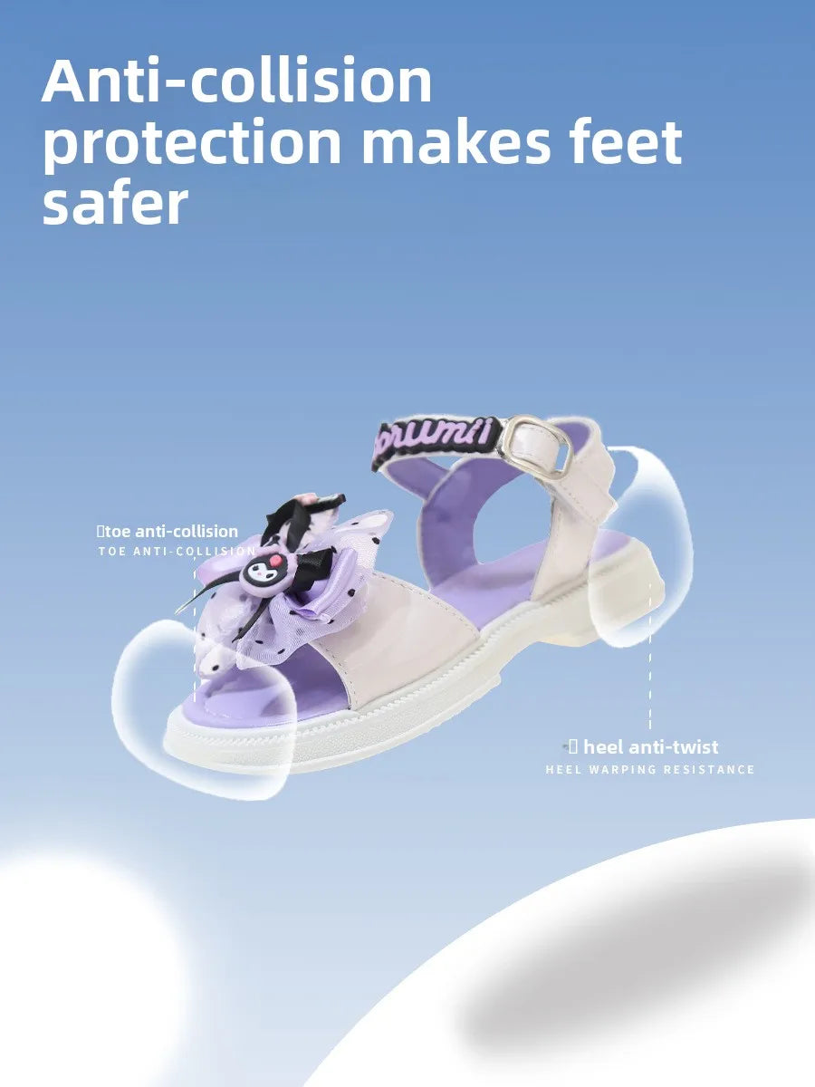 Kids'Sandals Kuromi PU Leather Bow Flat Spring Shoes For Girls Anti-slip Soft Thick Bottom White Black Shoes Size 25-36