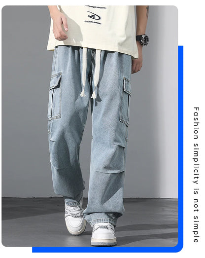 Large Pocket Baggy Solid Jeans Men's 2026 New Spring Classic Straight Denim Trousers Street Y2K Elastic Waist Casual Cargo Pants
