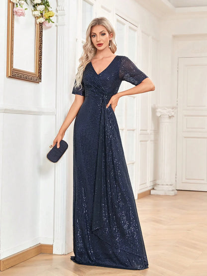 Luxury Floor Length V-Neck Evening Dress 2025 Women Elegant Party Maxi Sequin Short Sleeves Prom Cocktail Graduation Dress