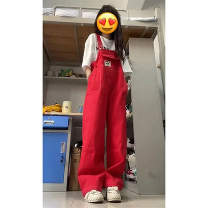 American Retro Red Denim Overalls Women Summer Loose Slimming Design Long Pants High Waist Overalls Vintage Style Jeans