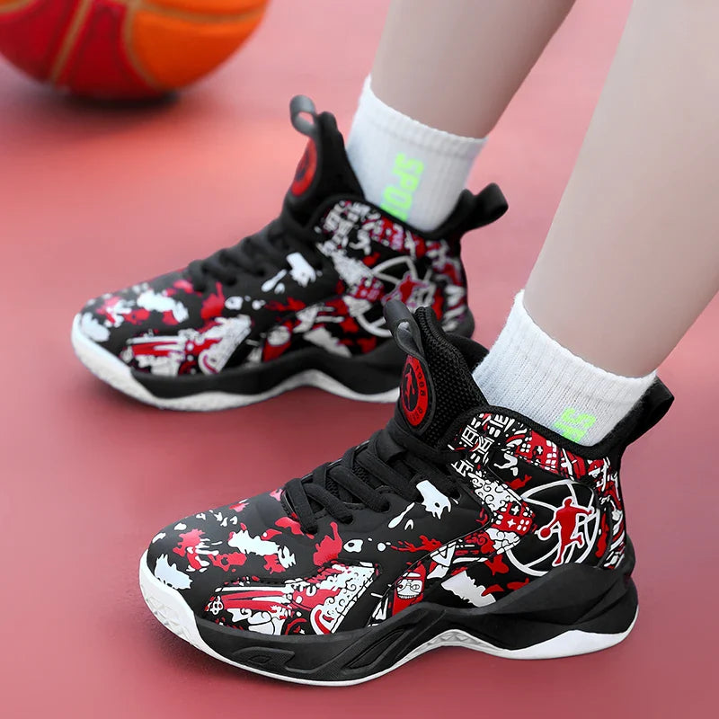 Original Children's Basketball Shoes Fashion Print Purple Basketball Sneakers Kids Training Shoes High Top Sports Shoes For Boys