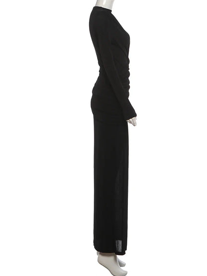 Folds Maxi Dress Women o-Neck Full Sleeve Solid Banquet Elegant Vacation Fashion Autumn Skinny Casual Simple Vestidos