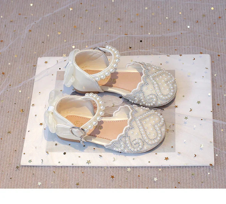 2025Summer Girls Sandals With Heel Fashion Rhinestone Shiny Glitter Shoes Children Princess Bowtie Pearl Dancing Shoes