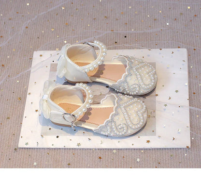 2025Summer Girls Sandals With Heel Fashion Rhinestone Shiny Glitter Shoes Children Princess Bowtie Pearl Dancing Shoes