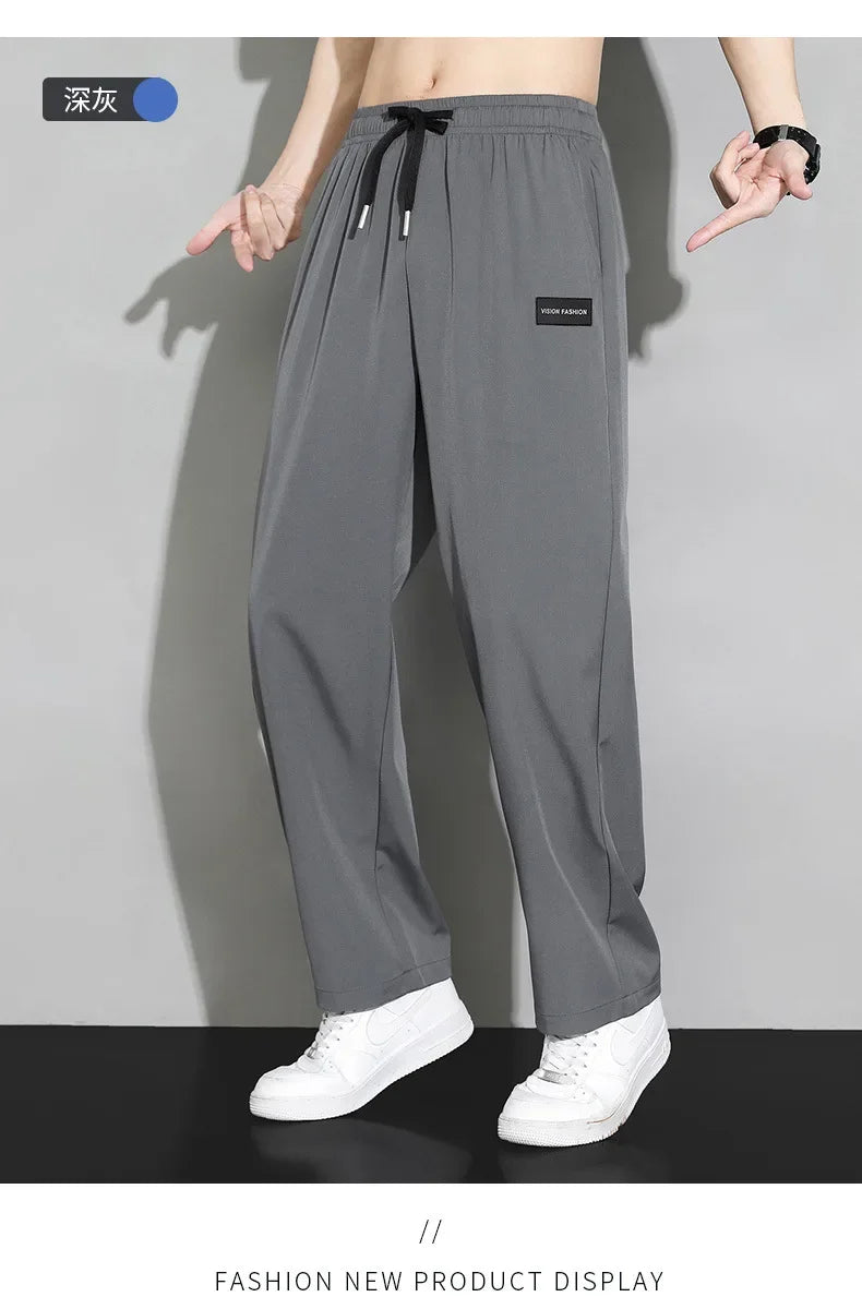 Men Drawstring Casual Pants Loose Drape Wide-leg Athleisure Pants Men Summer Thin Quick-drying Trousers Ice Silk Straight Pants