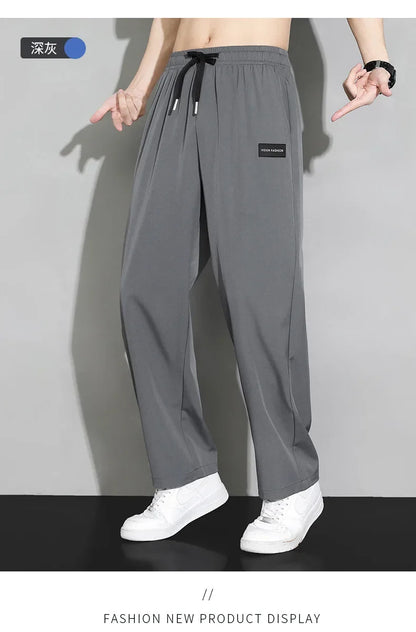 Men Drawstring Casual Pants Loose Drape Wide-leg Athleisure Pants Men Summer Thin Quick-drying Trousers Ice Silk Straight Pants