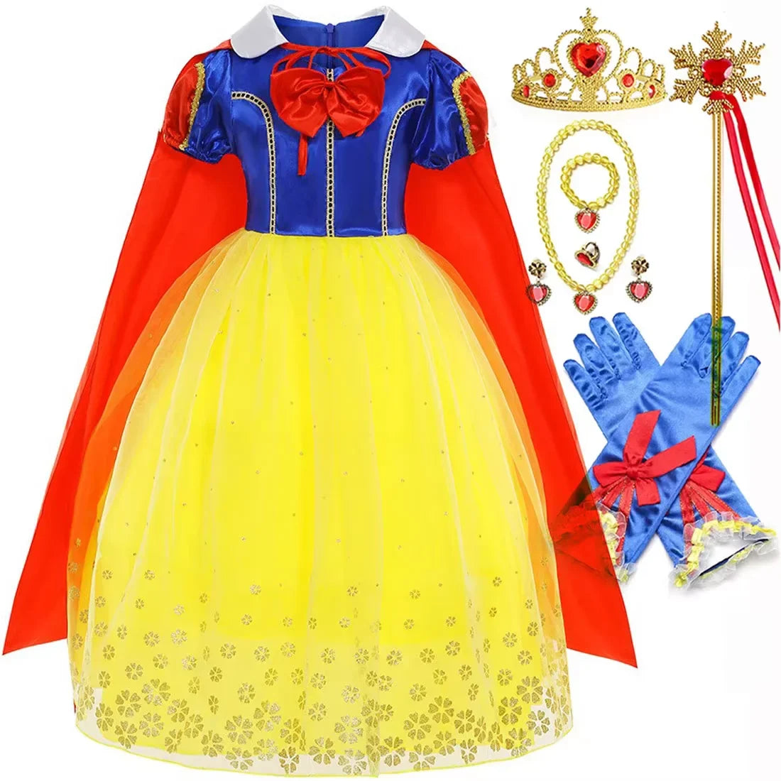 Vestido Laranja Disney Princesa Cosplay de Manga Curta Fofo com Renda para Meninas + Capa + Conjunto de Acessórios Presente de Aniversário