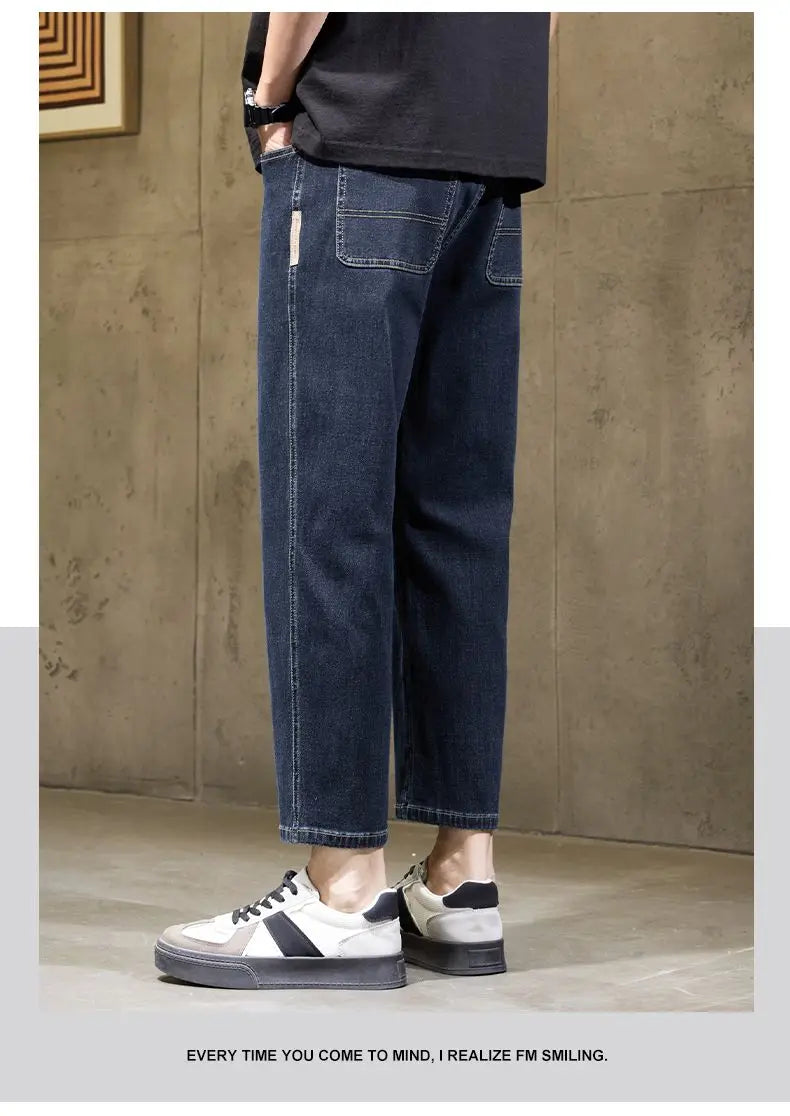 Men's Baggy Straight Leg Jeans Casual Stretch Denim 9-Length Comfortable Loose Trousers Spring Autumn Versatile Wide-Leg Pants