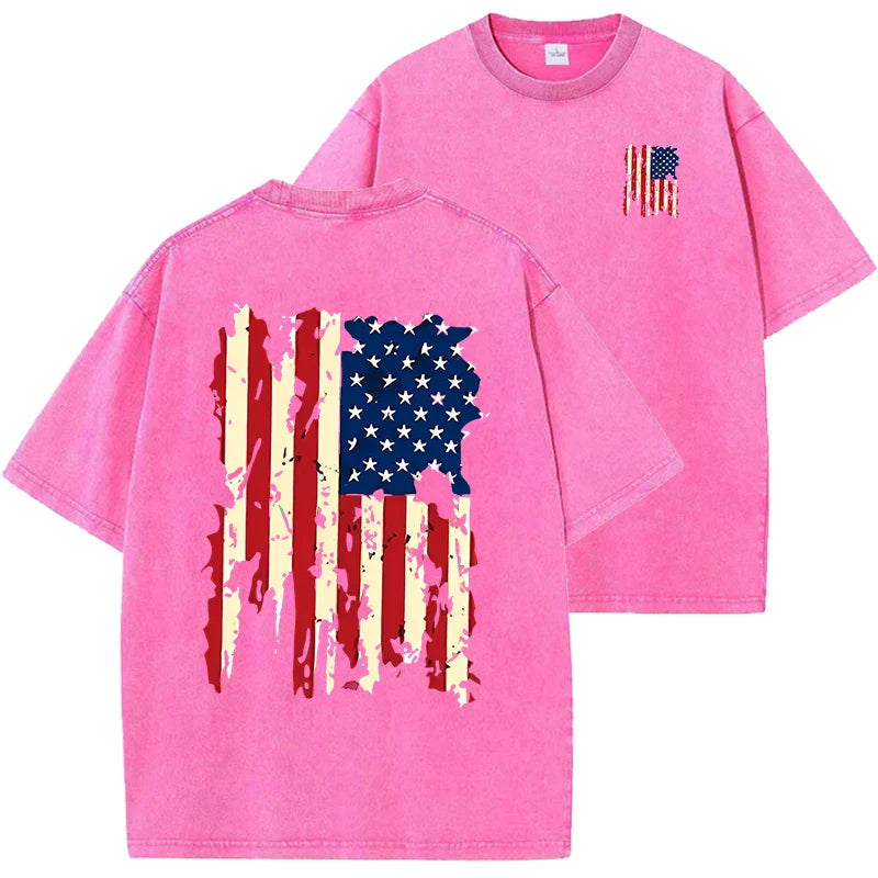 Set American Flag Graphic Prints Men Tshirt Summer Vintage Washed Cotton Tees Loose Short Tee Clothing Medium Strecth Tops