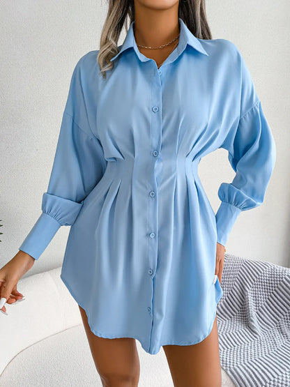Women Casual Buttons Long Sleeve Shirt Dress Autumn 2026 Solid Color Lapel Mini Dress White Blue Army Green Woman Clothing