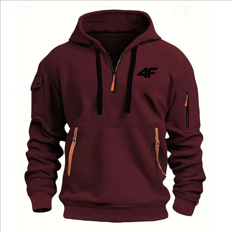 Men's hooded sweater casual sports jumper vintage Harajuku long sleeve zipper multi-pocket casual loose coat Street