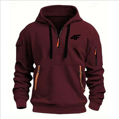 Men's hooded sweater casual sports jumper vintage Harajuku long sleeve zipper multi-pocket casual loose coat Street
