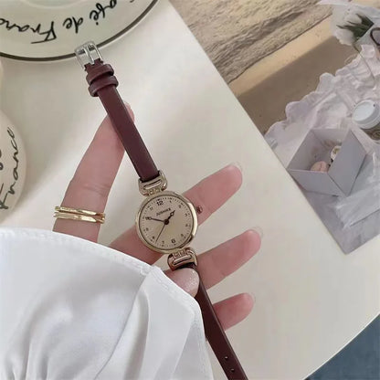 Simple Women's Watches Small Round Ladies Bracelet Watch PU Leather Thin Retro Quartz Wristwatch for Women Girls Gifts