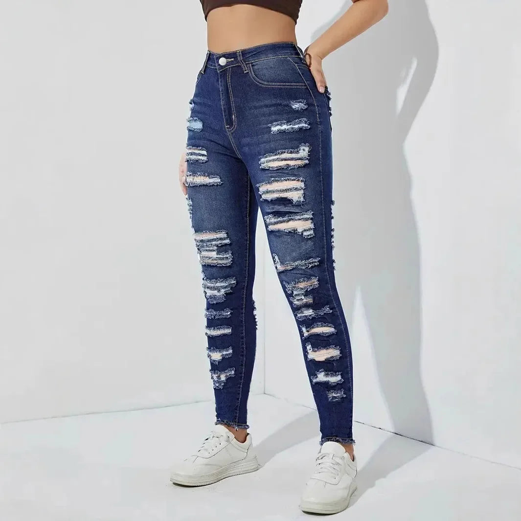 Denim Pants with Hole And Frayed Hem Fashion Casual Trousers