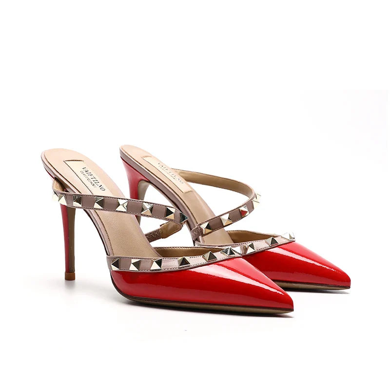 2025 New Genuine Leather Gladiator Pumps Sandals Luxury Metal Rivets Summer Women Outdoor Slippers Black Fashion High Heels 41