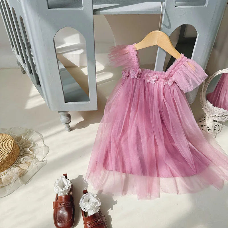 Vestidos de Tule de Malha de Princesa para Meninas, Tutu, Vestido de Aniversário de Sereia com Borboletas 3D para Crianças de 1 a 6 Anos, Vestido de Princesa Infantil