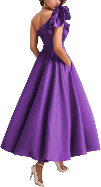Women's One Shoulder Elegant Evening Dress with Pockets Satin Tea Length A Line Formal Wedding Guest Dress Prom Dresses