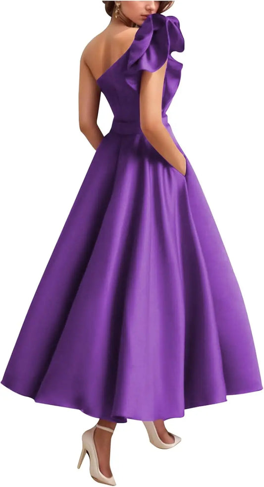 Women's One Shoulder Elegant Evening Dress with Pockets Satin Tea Length A Line Formal Wedding Guest Dress Prom Dresses