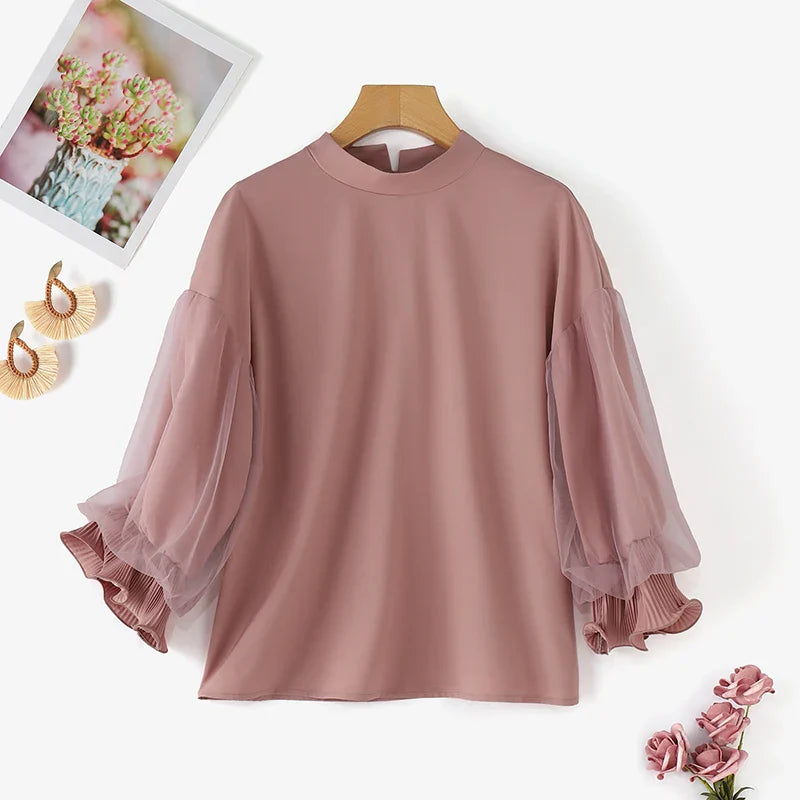 Women Elegant Party Blouse Chic Mesh Ruffle 3/4 Sleeve Tops 2025 Autumn Designer Stand Collar Shirts Korean Loose Tunics