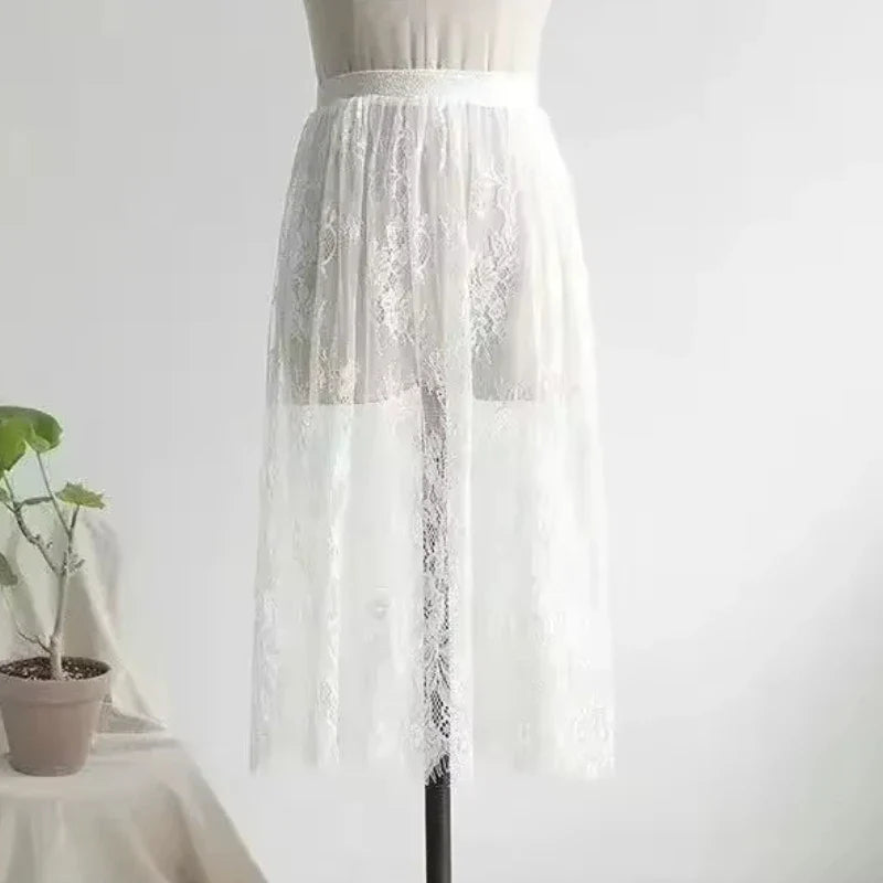 Transparent Sexy Lace Mesh Skirt Elastic High Waist Black White Tulle Mini Skirts Womens Skirt Korean Fashion Women's Skirt