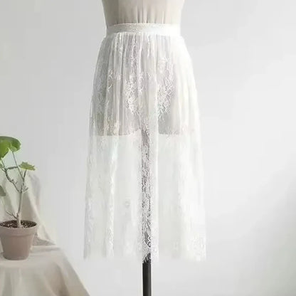 Transparent Sexy Lace Mesh Skirt Elastic High Waist Black White Tulle Mini Skirts Womens Skirt Korean Fashion Women's Skirt