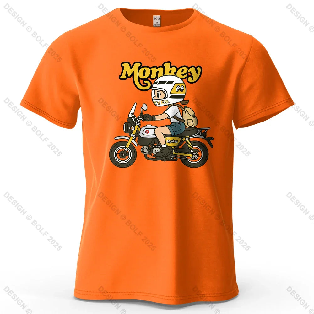 Men's Monkey Motorcycle Graphic Short Sleeve T-Shirt 100% Cotton Cartoon Printed Tops Tee for Women Summer Casual Sportswear