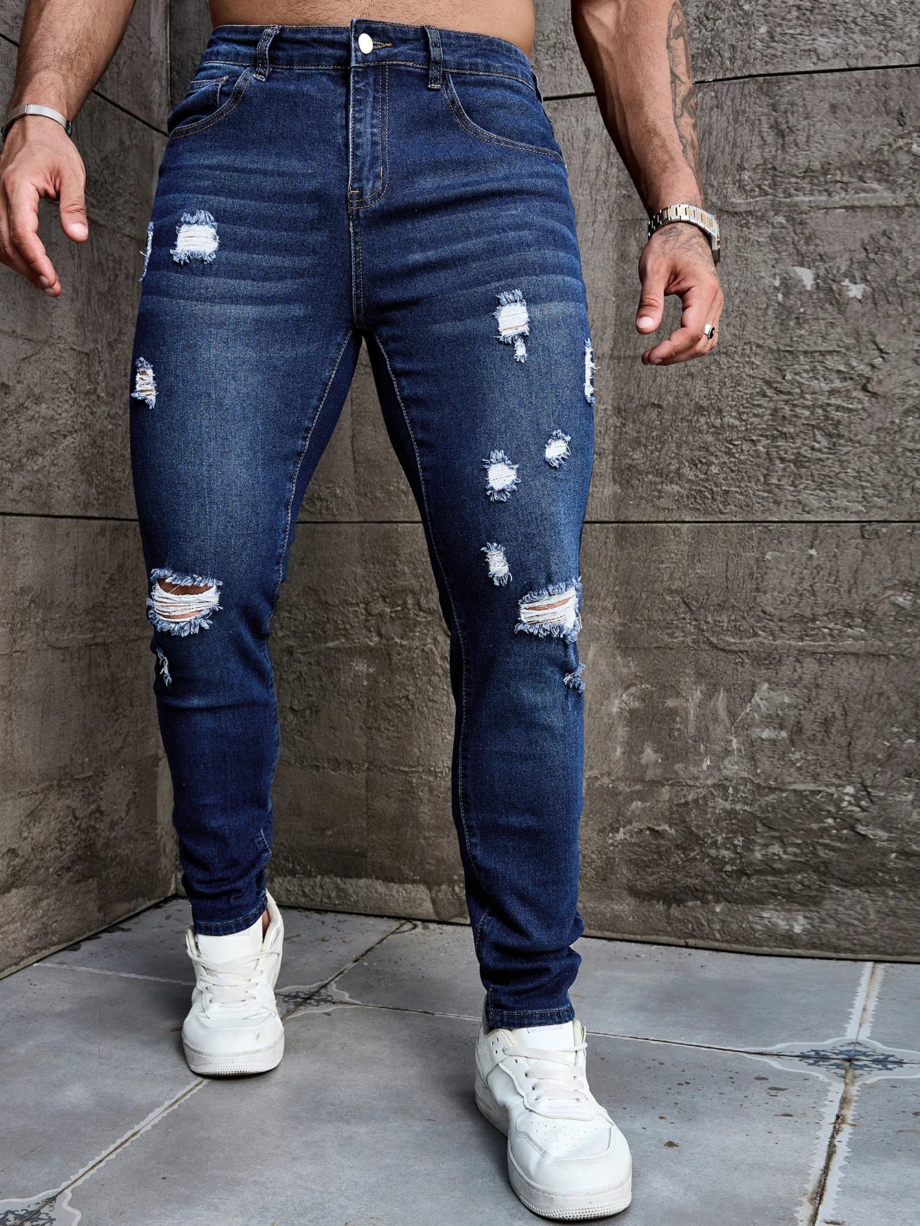 Men's Deep Blue Skinny Fit Ripped Stretch Denim Jeans Versatile and Easy Match Men's Pants Elastane Fabric Everyday Wear