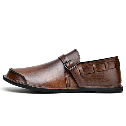 Sapatos Masculinos de Couro com Bico Largo e Sem Cadarço, Flats Casuais Minimalistas Antiderrapantes Primavera Verão Outono