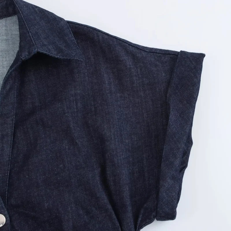 Spring New 1975 series denim MIDI dress with lapel side zipper fashion wrinkle waist slim elegant dress