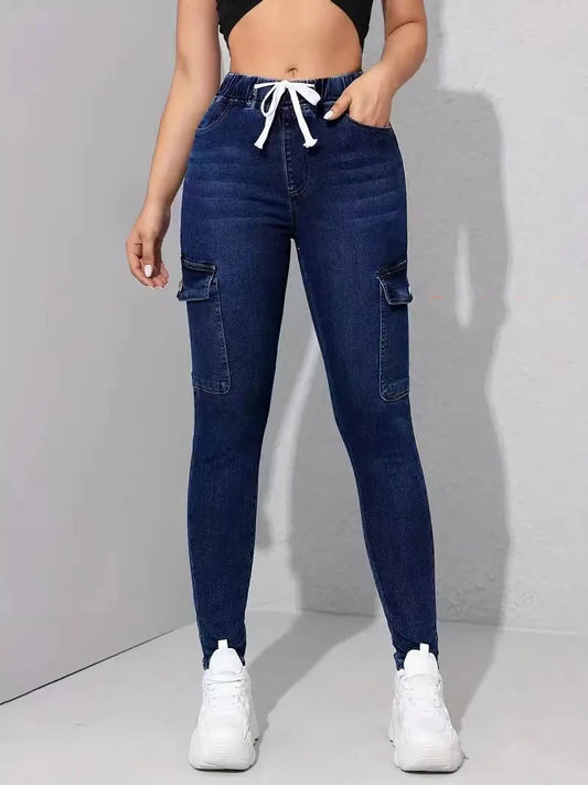 Women's multi-pocket elastic jeans, high-waisted skinny ankle jeans