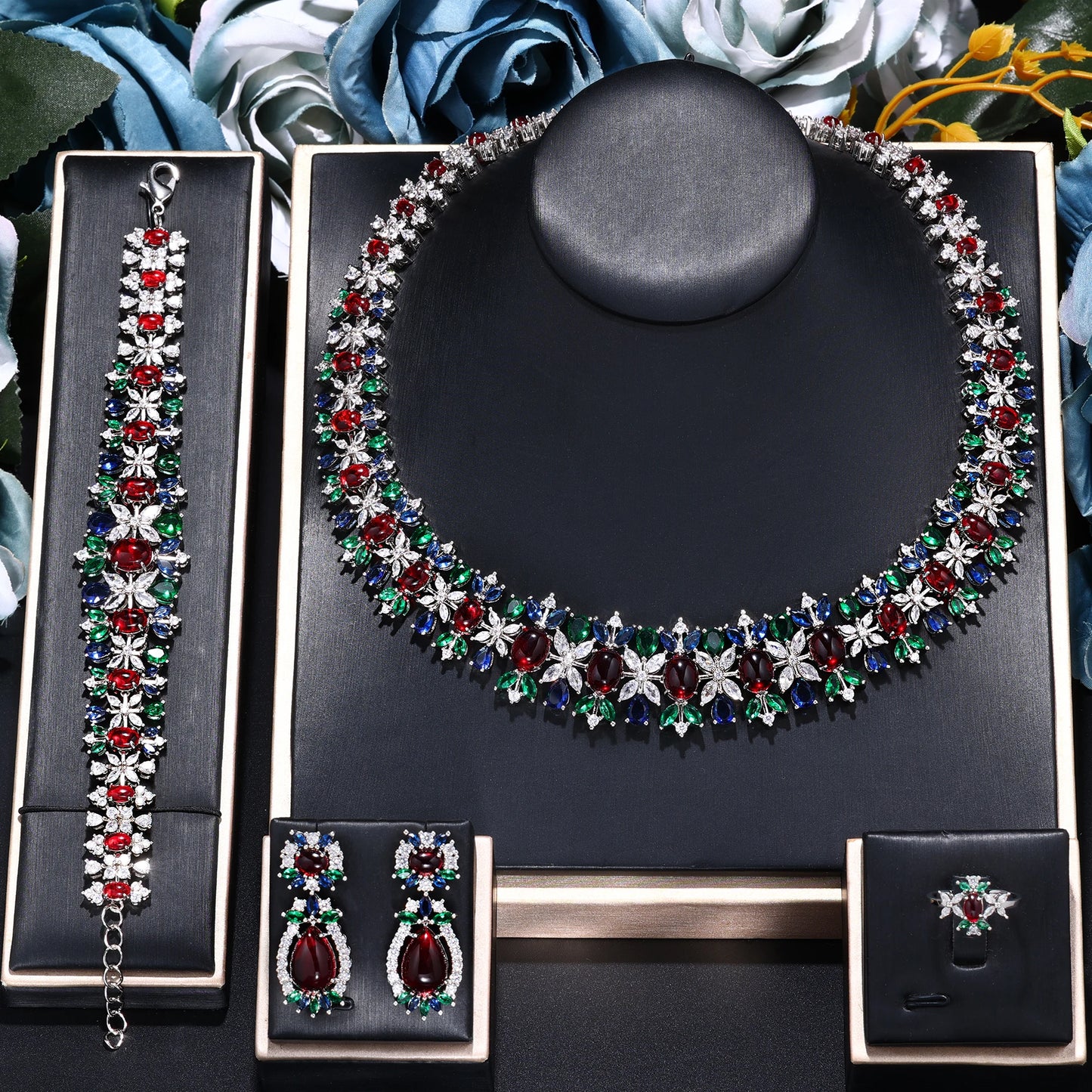New Luxury Green Blue CZ Crystal Turquoise Earrings Necklace 4PCS Wedding Bridal Jewelry Set for Party