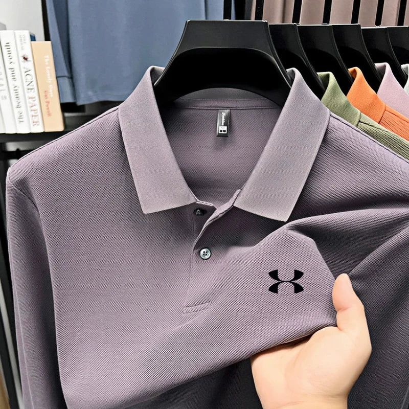 Men's brand polo shirt letter printed long sleeved top spring new 100% cotton casual sports breathable lapel fashionable T-shirt