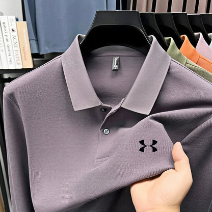 Men's brand polo shirt letter printed long sleeved top spring new 100% cotton casual sports breathable lapel fashionable T-shirt