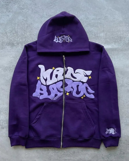 Moletom com zíper e capuz estampado com estrelas e letras estilo retrô americano, Y2K, primavera/outono, unissex, preguiçoso, marca de moda, jaqueta de cardigã