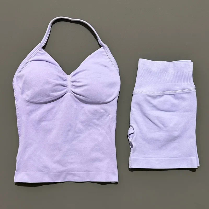 2 Pieces Sports Set Women Backless Halter Tops Fitness Tank Top High Waist Seamless High Stretch Shorts Gym Workout Sets
