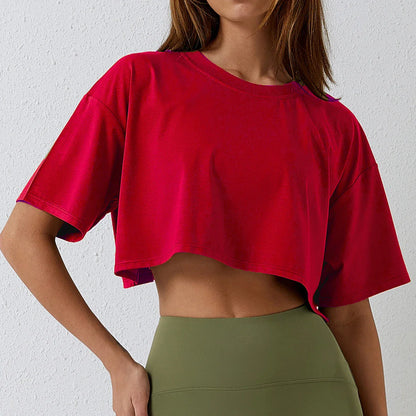 Camiseta Esportiva Feminina de Algodão Manga Curta Dança Corrida Yoga Fitness Cropped Top Mostrando o Umbigo Novo Solto para Academia