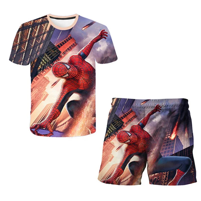 Kids Summer Tshirt Set Boys Spider-Man Trendy 2 Piece Hulk Iron Man Spiderman Outfit